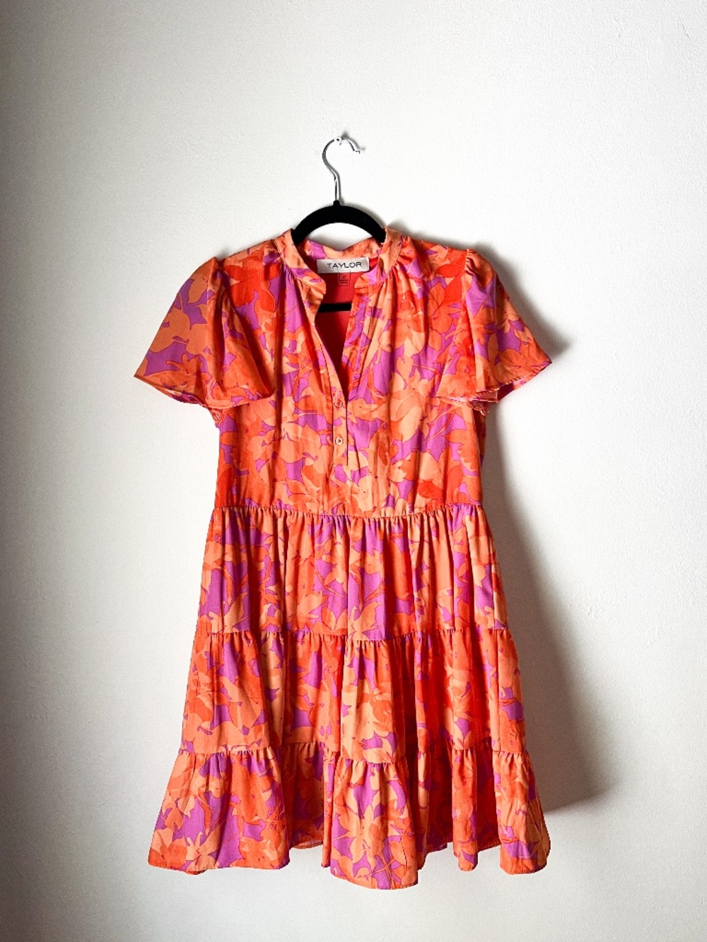 Floral Tiered Mini Dress Size 4 Orange Pink Flutter Sleeve Cottagecore Boho